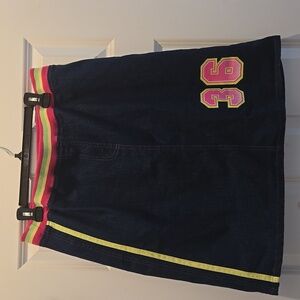 Vintage Y2K Skirt 16 Denim Stretchy Waistband Sporty Number Striped Blue Knee